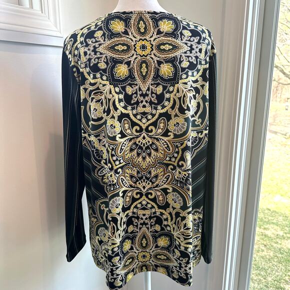 Bob Mackie Wearable Art Black Yellow Paisley Stretch Long Sleeve Shirt Medium - Picture 4 of 6